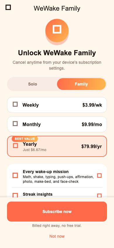 WeWake Family paywall screen showing weekly, monthly, and yearly pricing