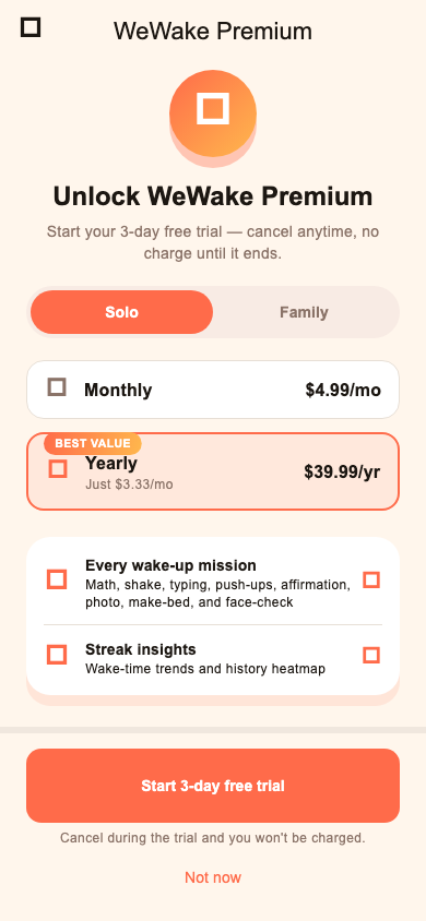 WeWake Solo Premium paywall screen showing monthly and yearly pricing